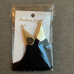 Black long fringe earrings with gold holding peices